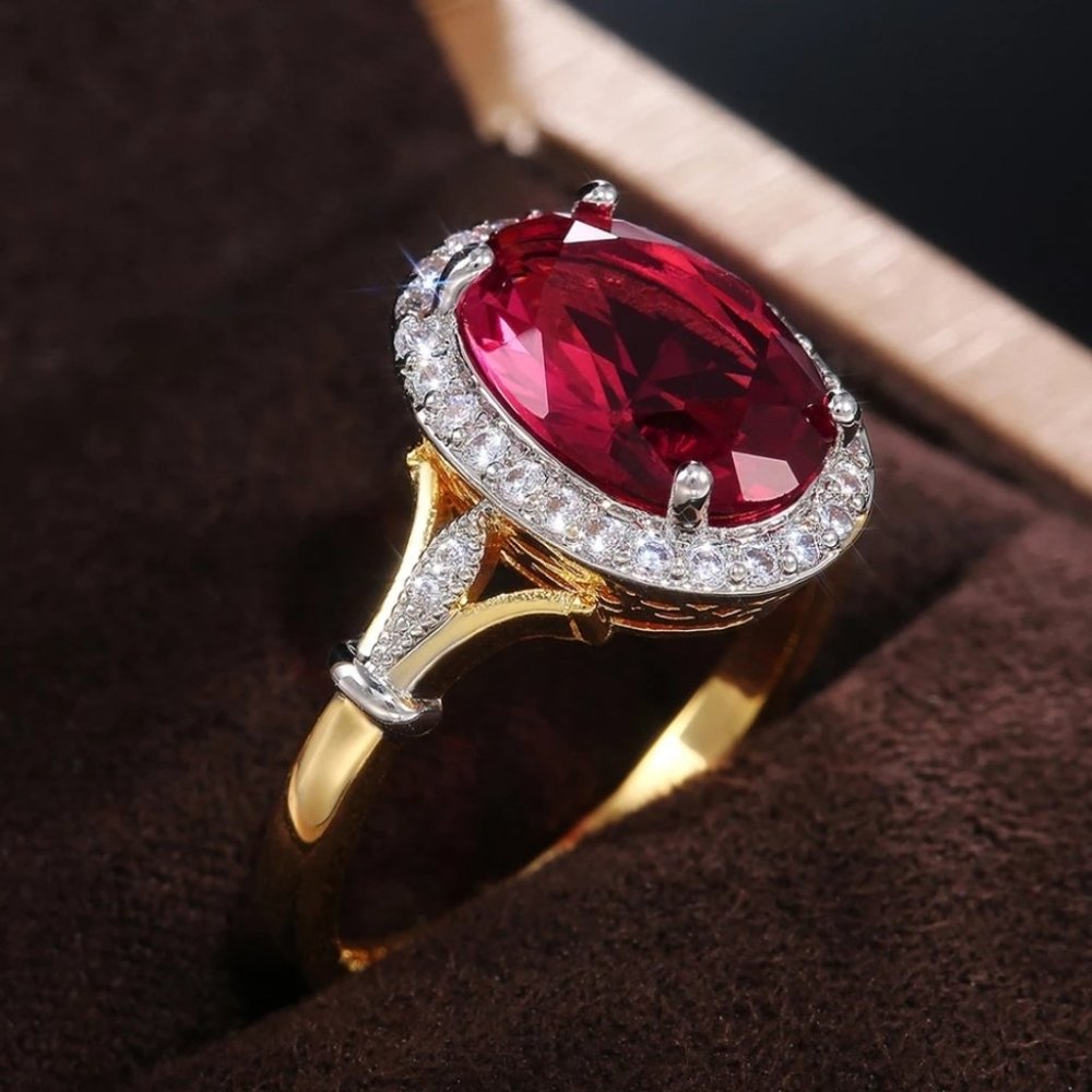 OVAL RED CZ TWO TONE DESIGN NOBLE BIRTHDAY 💍 RING - Picture 5 of 6